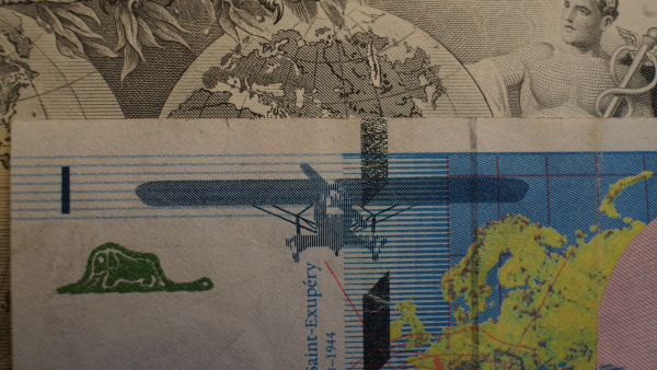 Classic Carl Zeiss Jena Flektogon 35mm lens at f8 close focus of France’s old 50-francs banknote